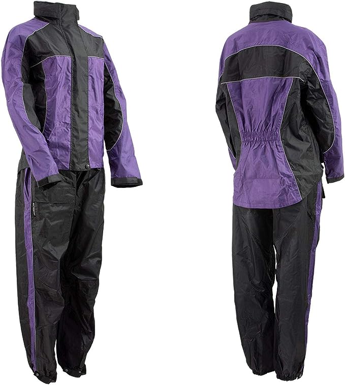 Xelement rn4764 ladies black and purple 2-piece motorcycle rain suit with boot strap - x-large